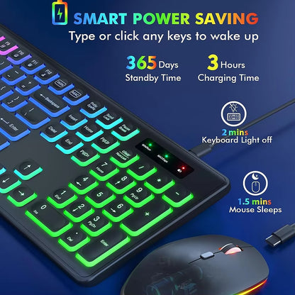 Rechargeable 2.4G Wireless Keyboard and Mouse Combo with RGB Backlighting - Full-Size Ergonomic Type-C Design