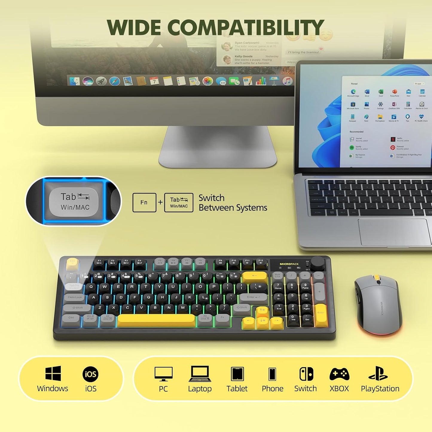 Wireless Keyboard and Mouse Combo Creamy with Number Pad for Desktop Mac Ipad Bluetooth/2.4Ghz/Wired Rechargeable Light up RGB Quiet Compatible with PC Laptop Tablet (Black)