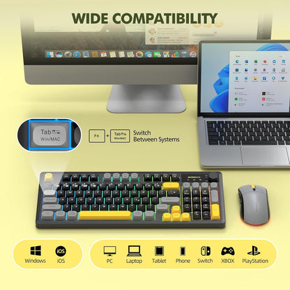 Wireless Keyboard and Mouse Combo Creamy with Number Pad for Desktop Mac Ipad Bluetooth/2.4Ghz/Wired Rechargeable Light up RGB Quiet Compatible with PC Laptop Tablet (Black)
