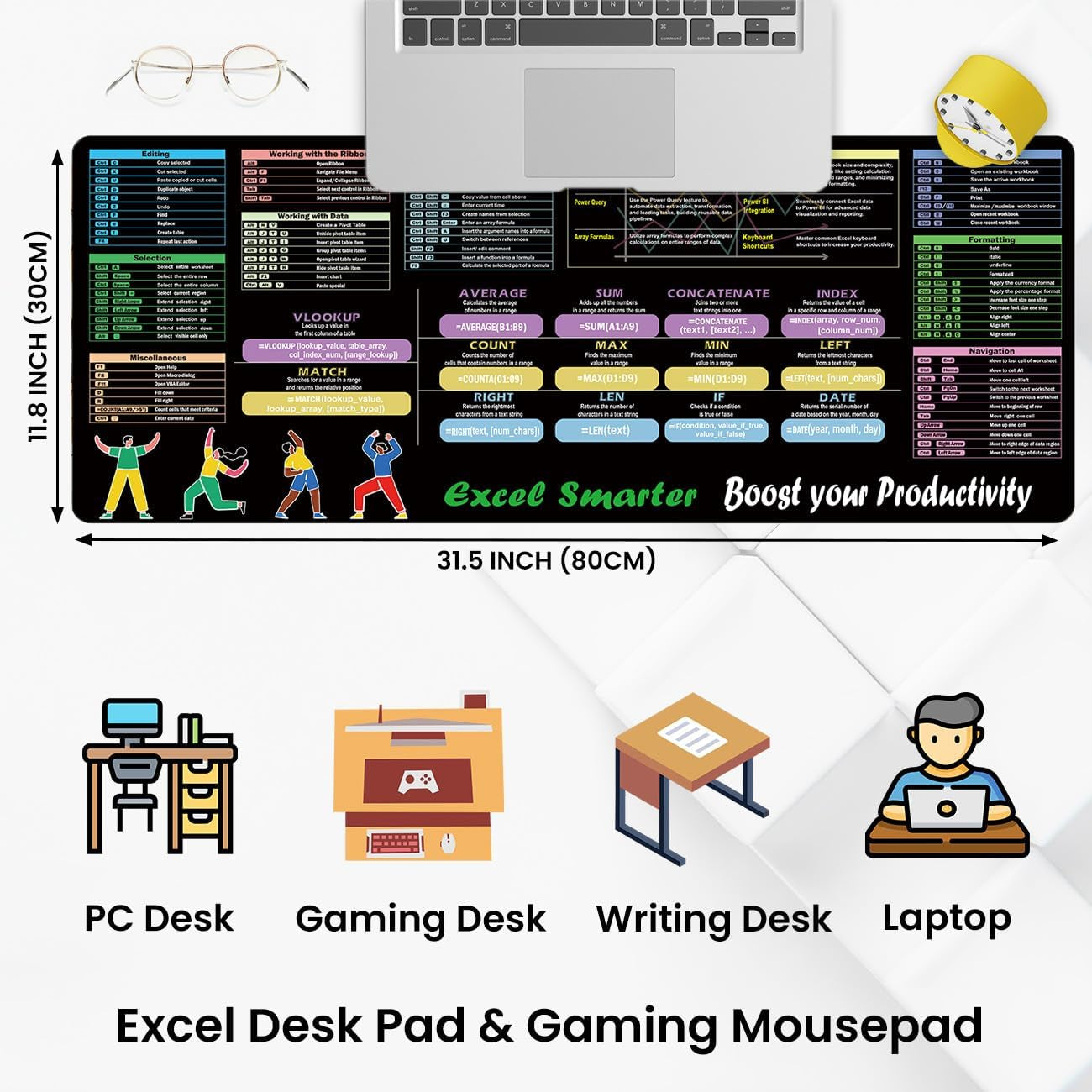 TWXIIT Excel Cheat Sheet Desk Pad - 31.5" x 11.8" Keyboard Shortcut Reference Mat with 11 Function Modules, Common Formulas, and Non-Slip Stitched Edges for Office Use