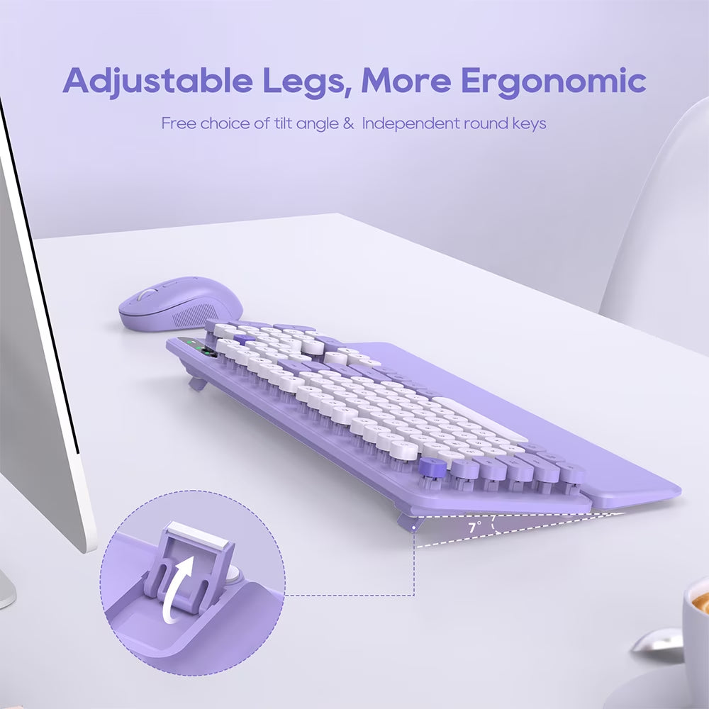 Wireless Keyboard & Mouse Set– Retro round Keycaps, Detachable Wrist Rest, 2.4Ghz Cordless Connection for Mac/Windows/Pc-Purple