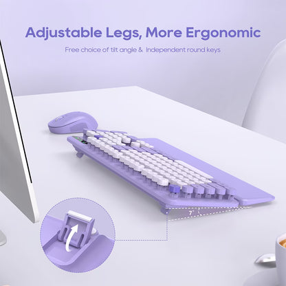 Wireless Keyboard & Mouse Set– Retro round Keycaps, Detachable Wrist Rest, 2.4Ghz Cordless Connection for Mac/Windows/Pc-Purple