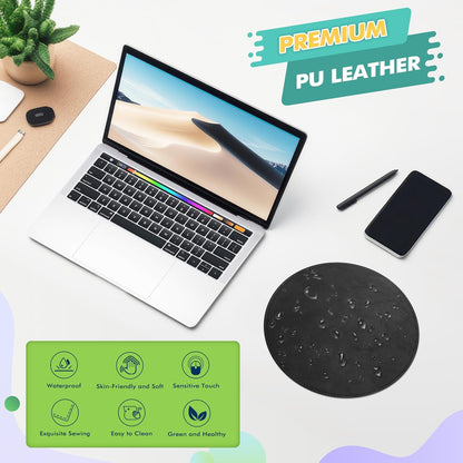 Round Leather Mouse Pad with Stitched Edge and Non-Slip Waterproof Microfiber Base, 9 x 9 Inches (Charcoal Black)