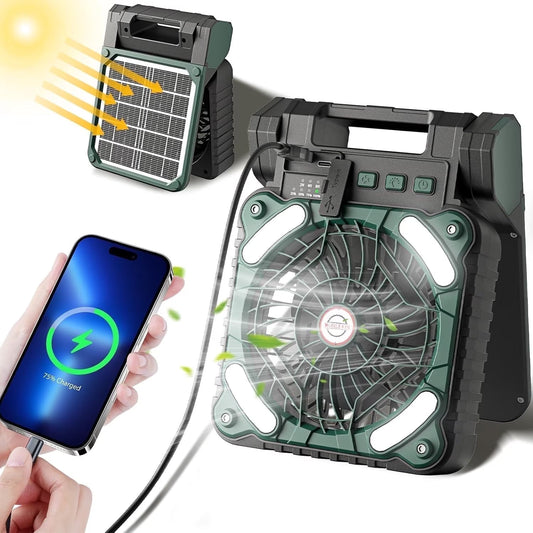 Solar Camping Fan with Light, 4 Speeds USB Rechargeable Solar Powered Fan with Timer, 90° Folding Portable Desk Fan with Power Bank Feature for Hurricane Outages Outdoor Camping Fishing Travel BBQ