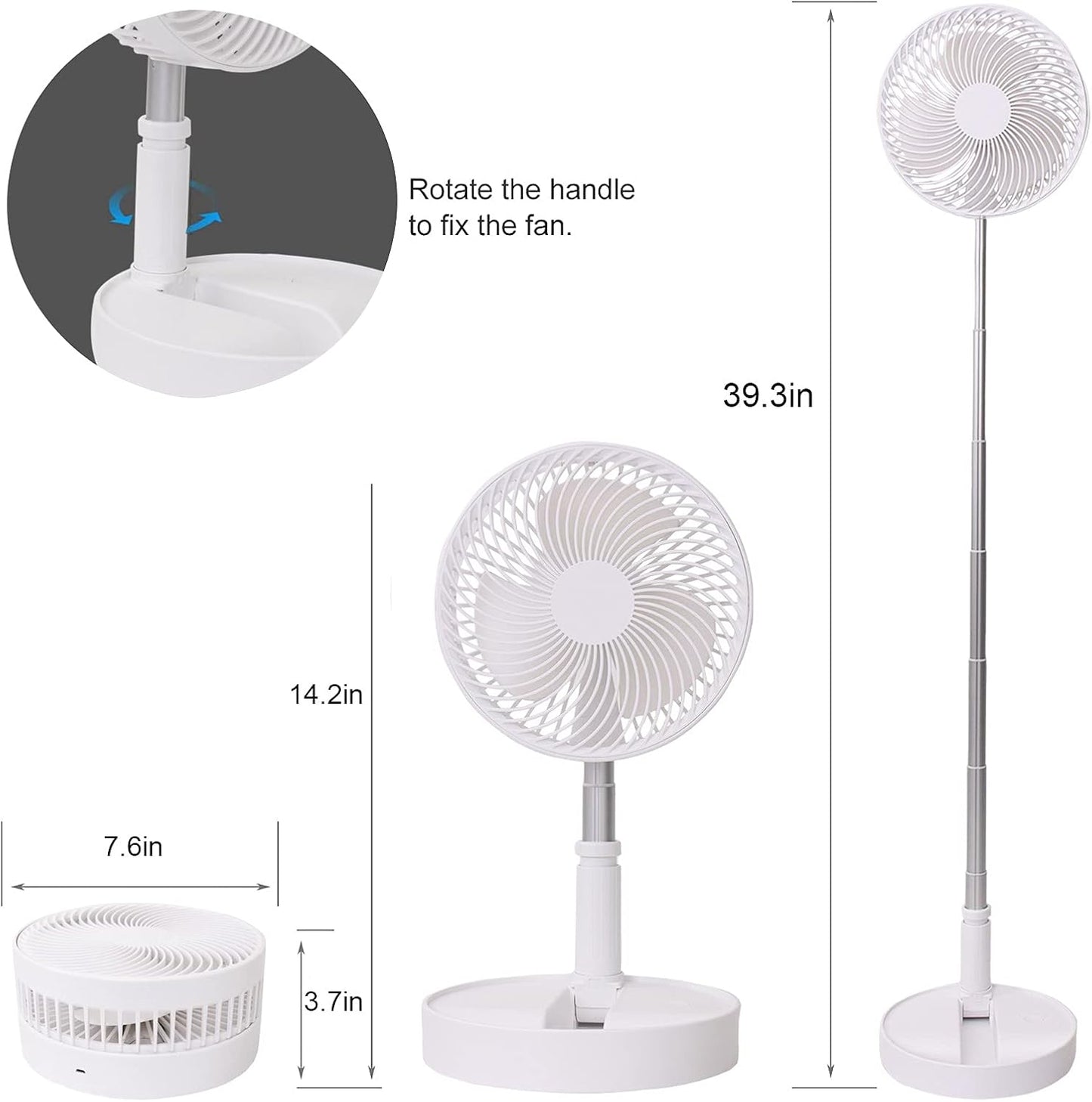 Portable Desk Fan,Foldable Fan Pedestal Stand Floor Fan with Remote Controller Adjustable Height from 14.2'' to 39'', 4 Speeds, 7200Mah Rechargeable Telescopic USB Charging