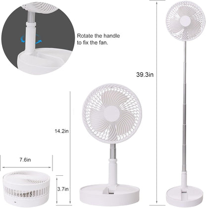 Portable Desk Fan,Foldable Fan Pedestal Stand Floor Fan with Remote Controller Adjustable Height from 14.2'' to 39'', 4 Speeds, 7200Mah Rechargeable Telescopic USB Charging