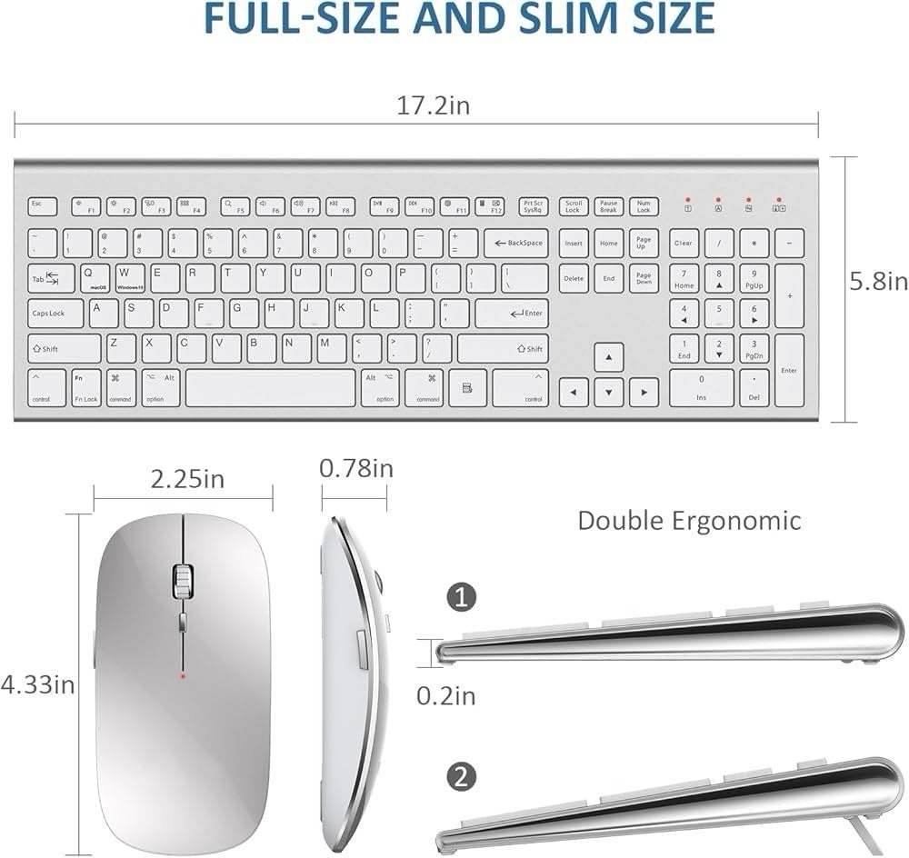 Wireless Keyboard and Mouse Silver White Full Size 2.4G USB Portables Quiet C...