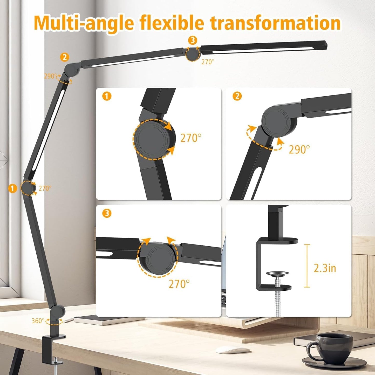Professional LED Desk Lamp with Clamp, Eye-Caring Architect Design, Adjustable Swing Arm, Dimmable and Color Temperature Control for Office and Home Use