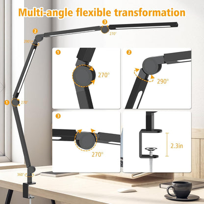 Professional LED Desk Lamp with Clamp, Eye-Caring Architect Design, Adjustable Swing Arm, Dimmable and Color Temperature Control for Office and Home Use