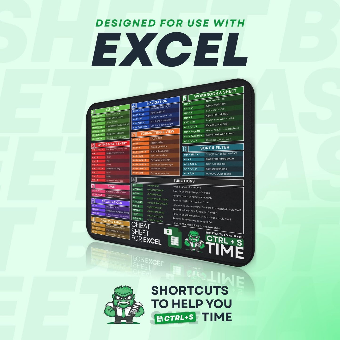 Excel Shortcuts Desk Pad - Portable Non-Slip Mouse Pad with Spreadsheet Formulas - Office Keyboard Mat [12” X 10”]