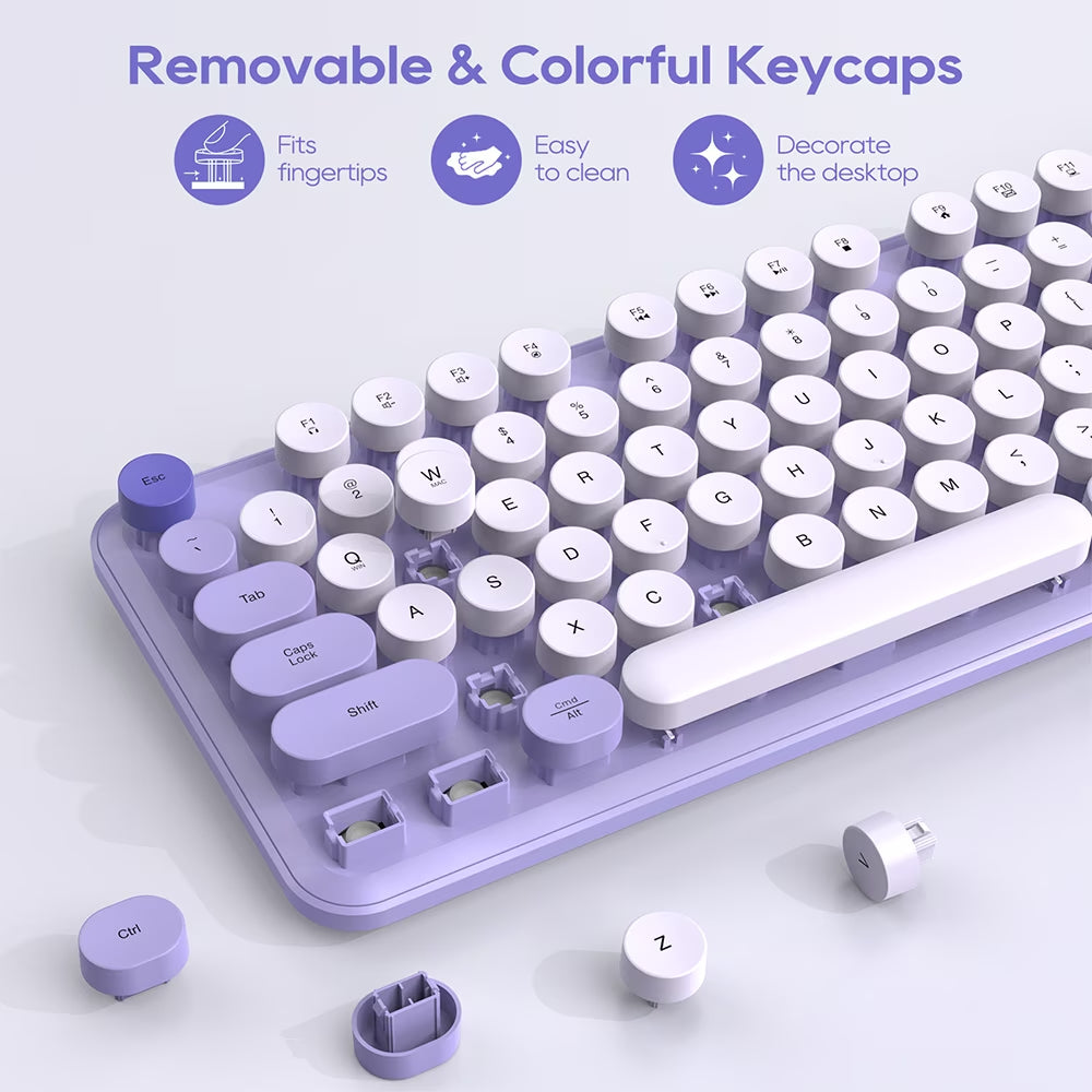 Wireless Keyboard & Mouse Set– Retro round Keycaps, Detachable Wrist Rest, 2.4Ghz Cordless Connection for Mac/Windows/Pc-Purple