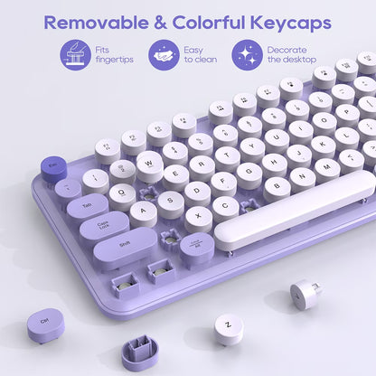 Wireless Keyboard & Mouse Set– Retro round Keycaps, Detachable Wrist Rest, 2.4Ghz Cordless Connection for Mac/Windows/Pc-Purple