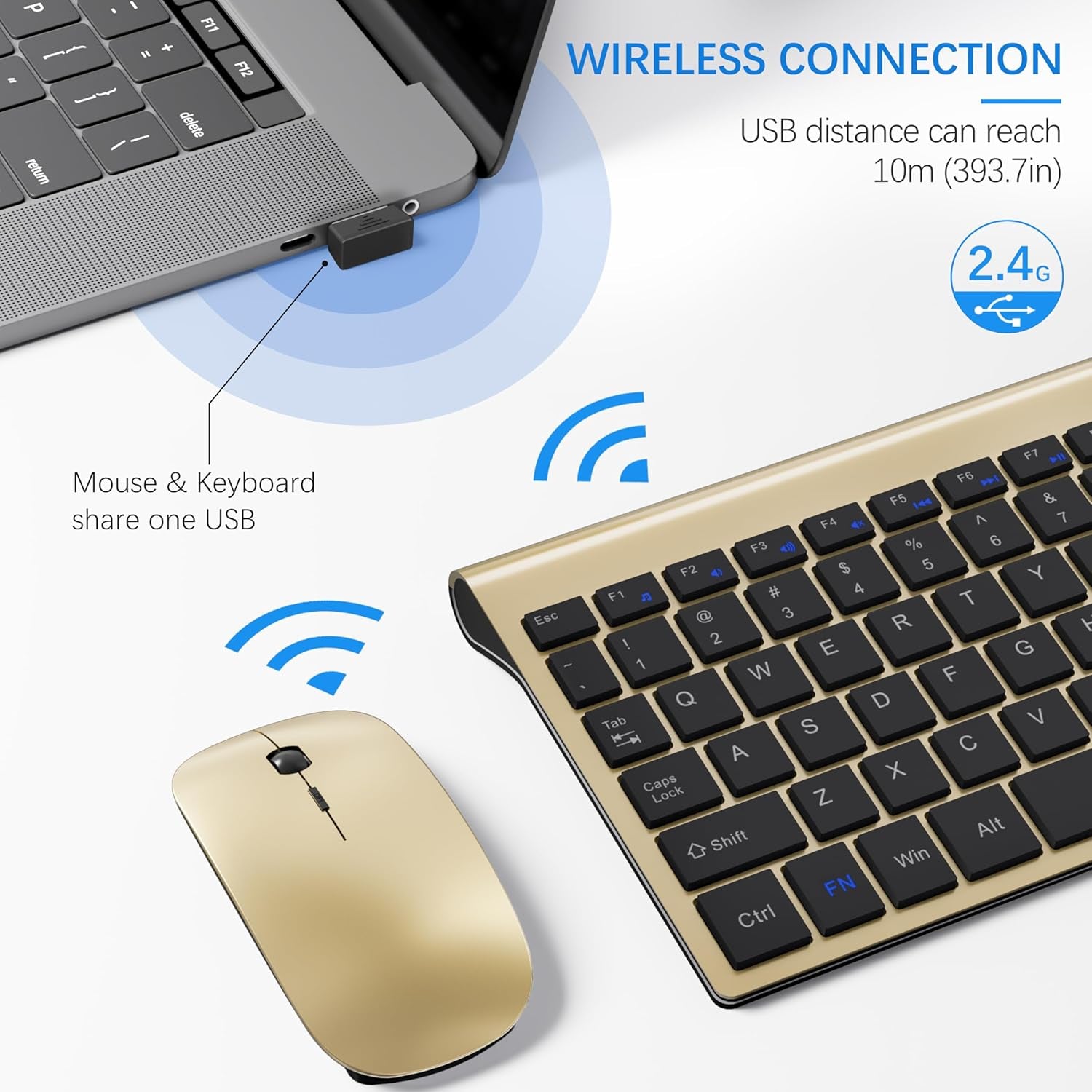 Wireless Keyboard and Mouse Ultra Slim Combo,  2.4G Silent Compact USB 2400DPI Mouse and Scissor Switch Keyboard Set with Cover, Batteries Included, for Pc/Laptop/Windows/Mac - Gold Black