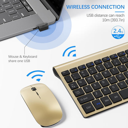 Wireless Keyboard and Mouse Ultra Slim Combo,  2.4G Silent Compact USB 2400DPI Mouse and Scissor Switch Keyboard Set with Cover, Batteries Included, for Pc/Laptop/Windows/Mac - Gold Black