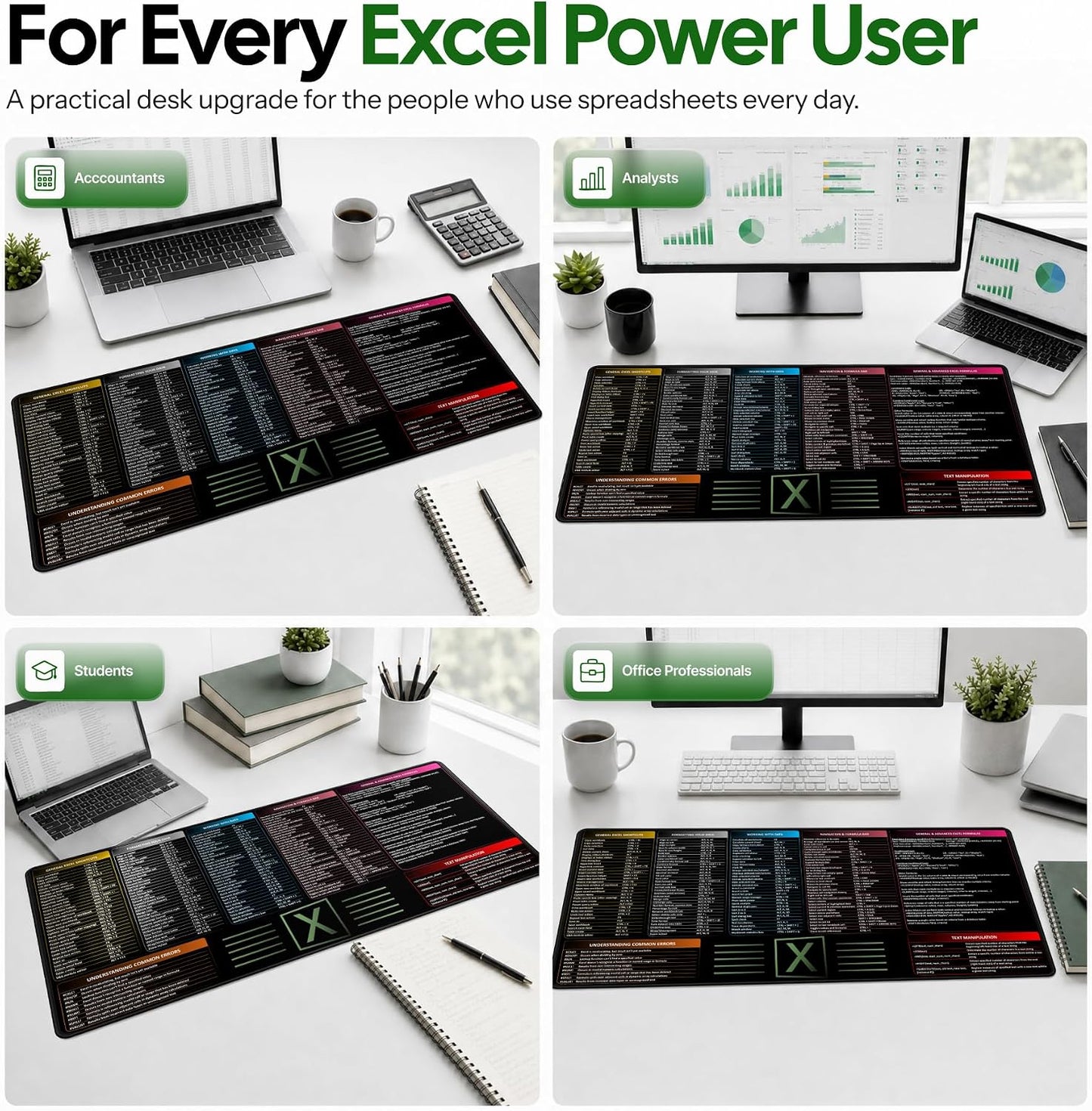 Large Excel Reference Desk Pad - Extended Mouse Mat Featuring Shortcut Keys and Formulas, Waterproof, XL Size 35.5" x 15.7