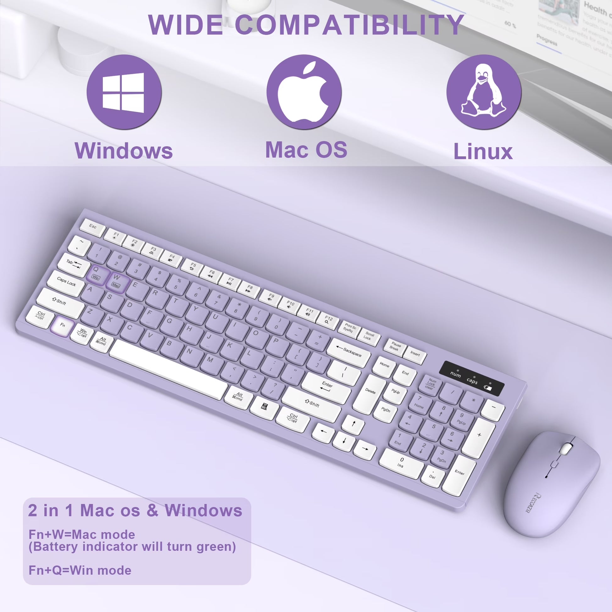 Wireless Keyboard and Mouse Combo , 2.4G Full Size, 12 Multimedia and Shortcut Keys, 3-Year Battery Life, for Windows, Mac OS Desktop/Laptop/Pc(Purple)