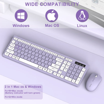 Wireless Keyboard and Mouse Combo , 2.4G Full Size, 12 Multimedia and Shortcut Keys, 3-Year Battery Life, for Windows, Mac OS Desktop/Laptop/Pc(Purple)