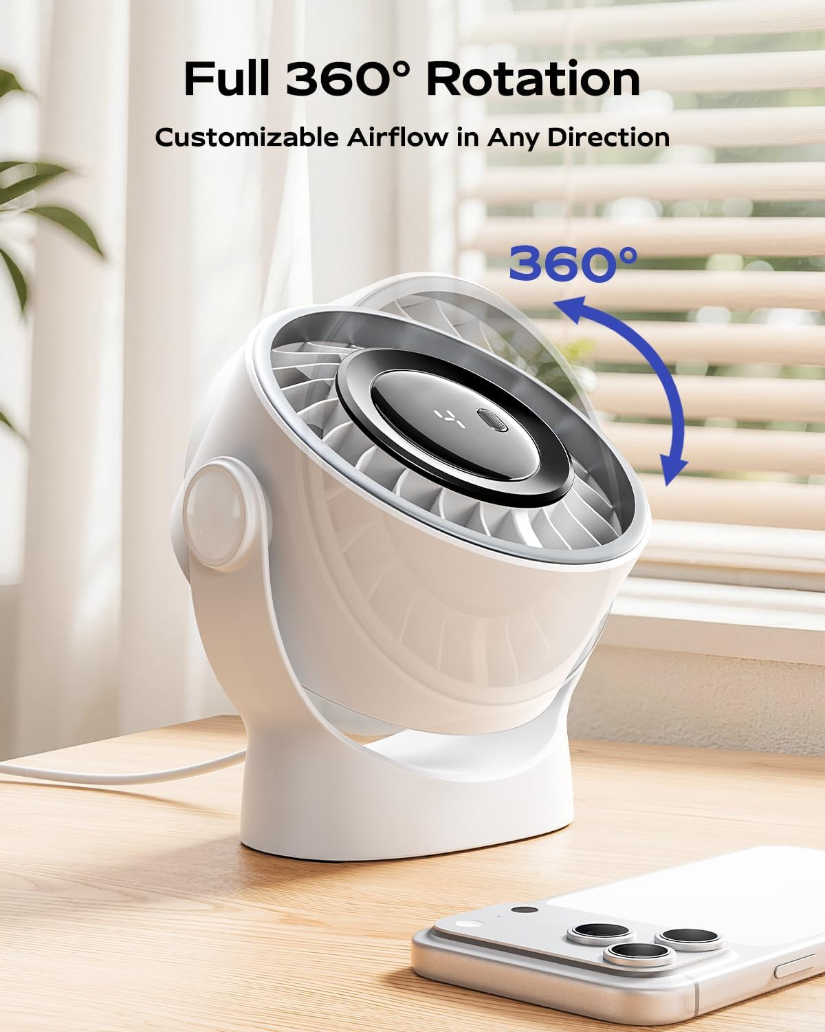 USB Small Desk Fan - 5 Inch Mini Personal Desktop Fan, 4 Speeds Cooling Strong Airflow, 360° Adjustable Tilt, Quiet Portable Table Fans for Bedroom, Home, Office, Travel & Cruise, White